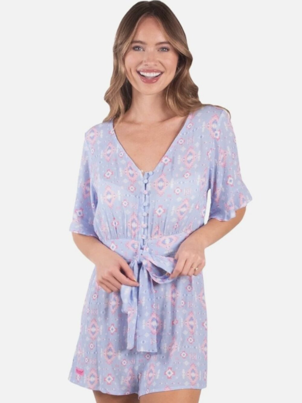 SIMPLY SOUTHERN WOMEN'S BLUE AZTEC PRINT ROMPER- X-L BOHO TIE WAIST BUTTON FRONT